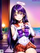 A girl with long purple hair and a halo on her head.