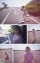 A collage of photos of a woman running on a road.