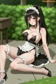 A woman in a maid outfit is sitting on the ground.
